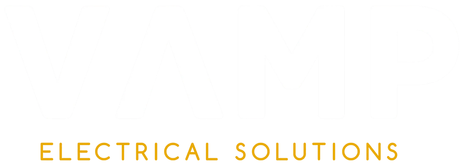 Vamp Electrical Solutions official brand logo featuring white text and a gold tagline on a transparent background