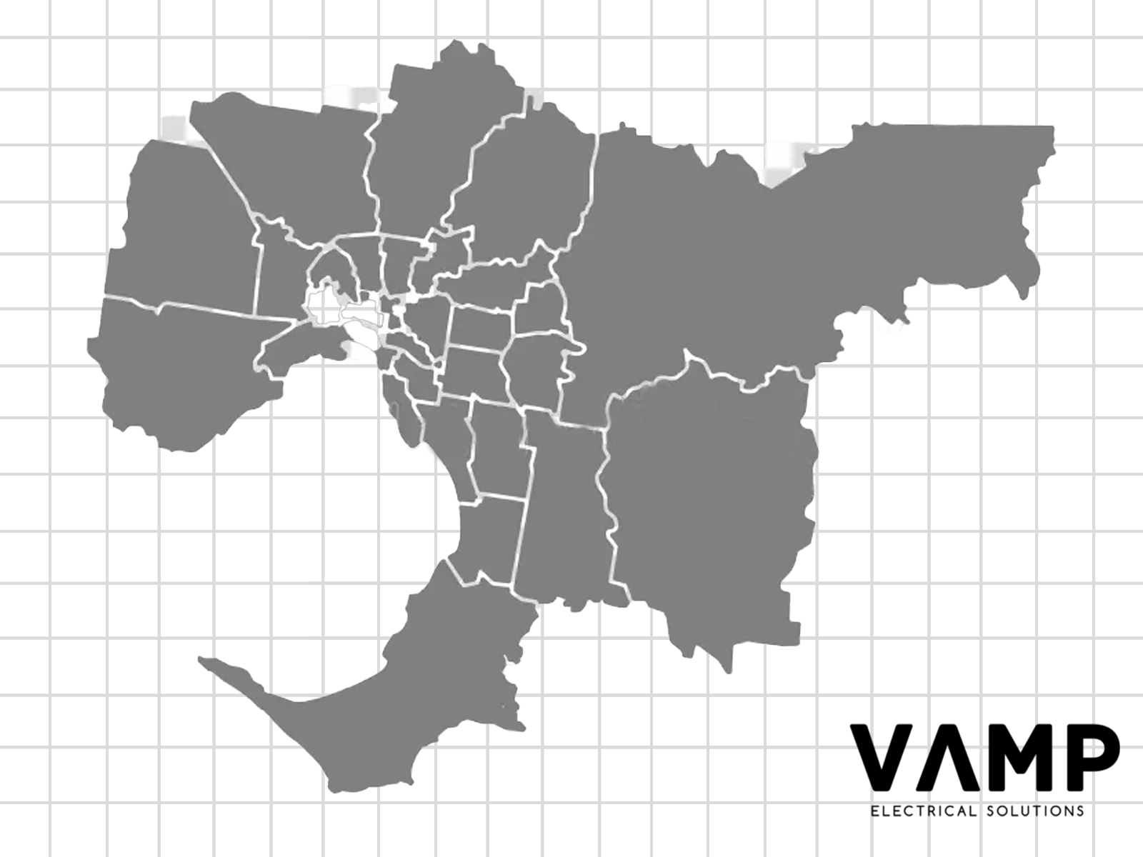 Vamp Electrical Solutions service area coverage map showing suburbs and regions across Melbourne
