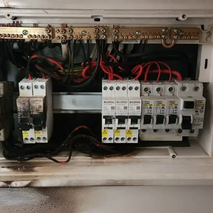 Internal wiring and circuit connections inside a residential electrical switchboard